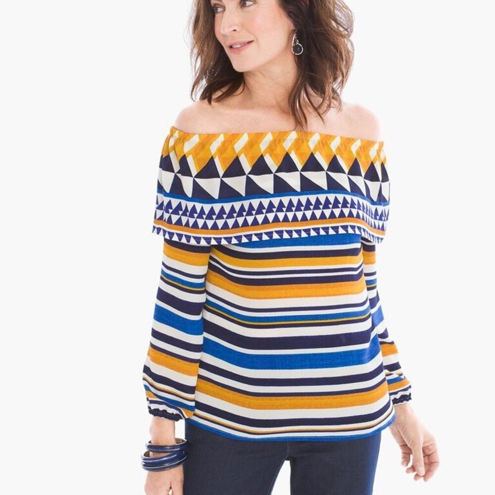 Chico's Graphic Off-The-Shoulder Top Size 0 Summer Blouse